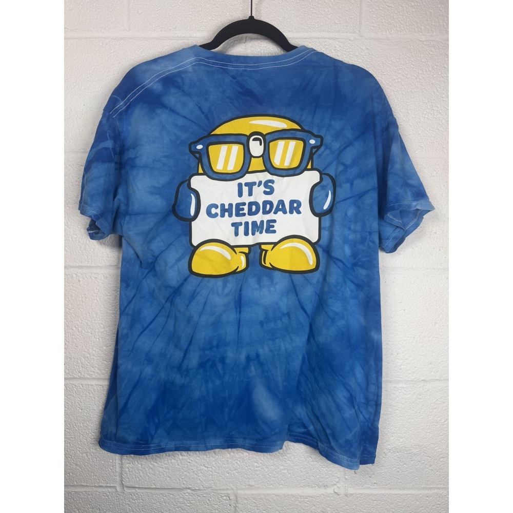 Culver's Women's Large T Shirt Blue Tie Dye It's Cheddar Time Cheese Graphic